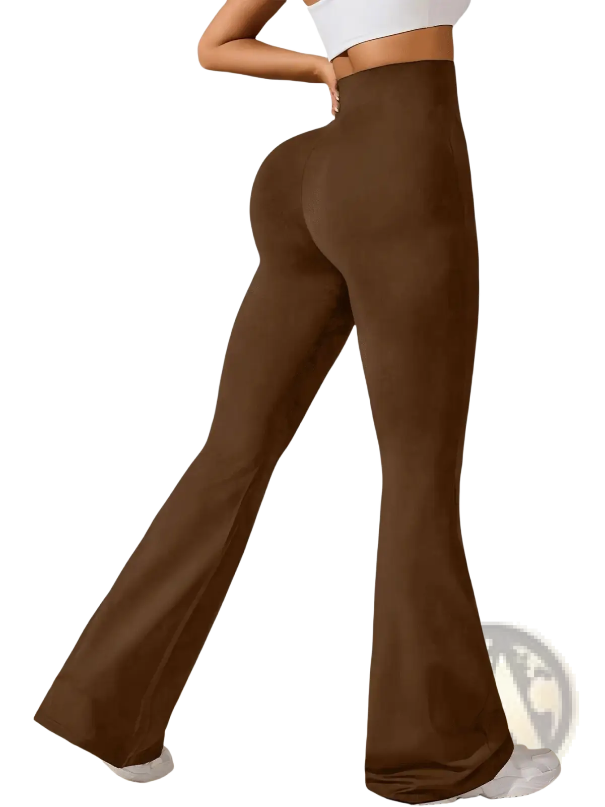 Brown high-waisted flared sharkskin yoga leggings with seamless fit design for comfortable activewear use