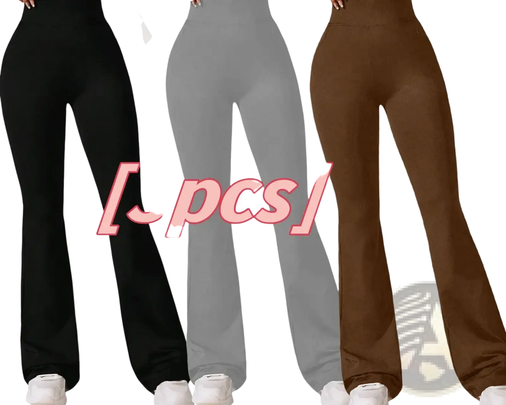 High-waisted flared sharkskin yoga leggings 3 pack in black gray and brown stretchy fabric shown from the back side