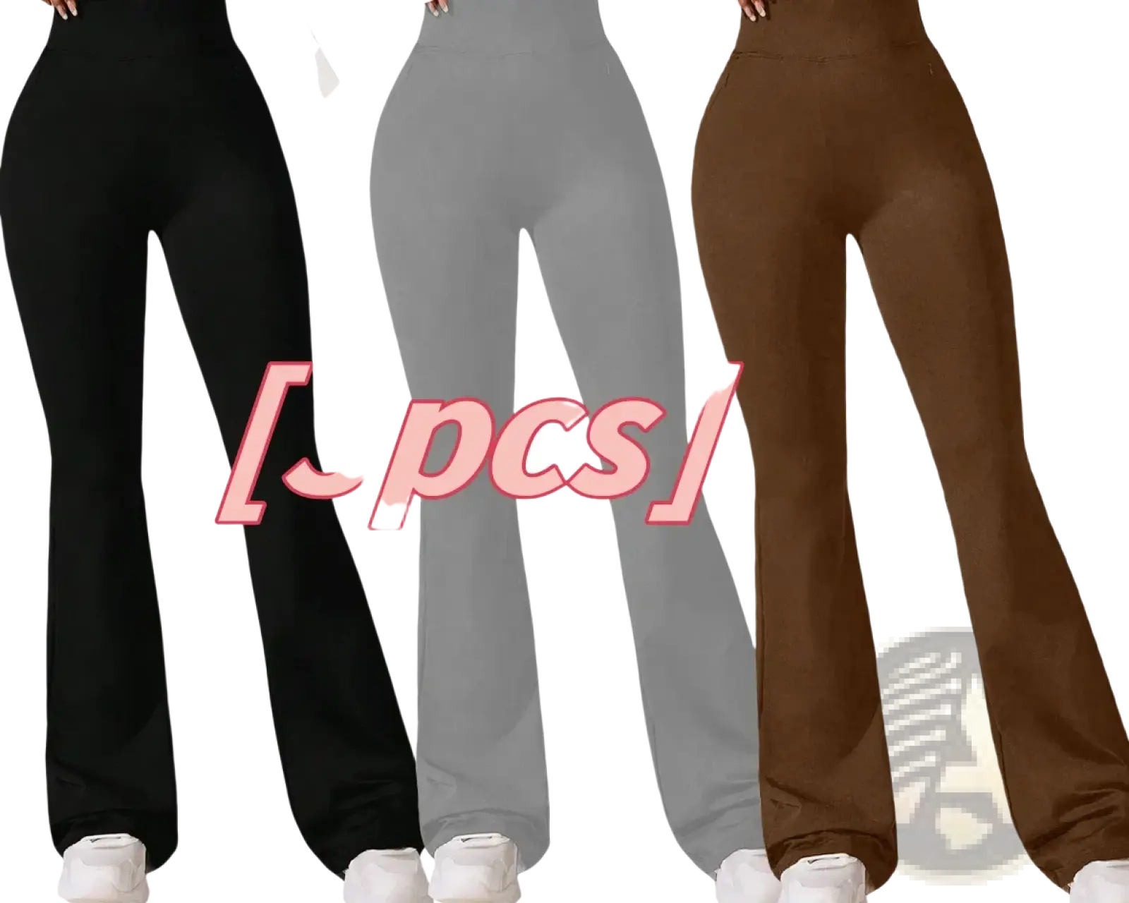 High-waisted flared sharkskin yoga leggings 3 pack in black gray and brown stretchy fabric shown from the back side