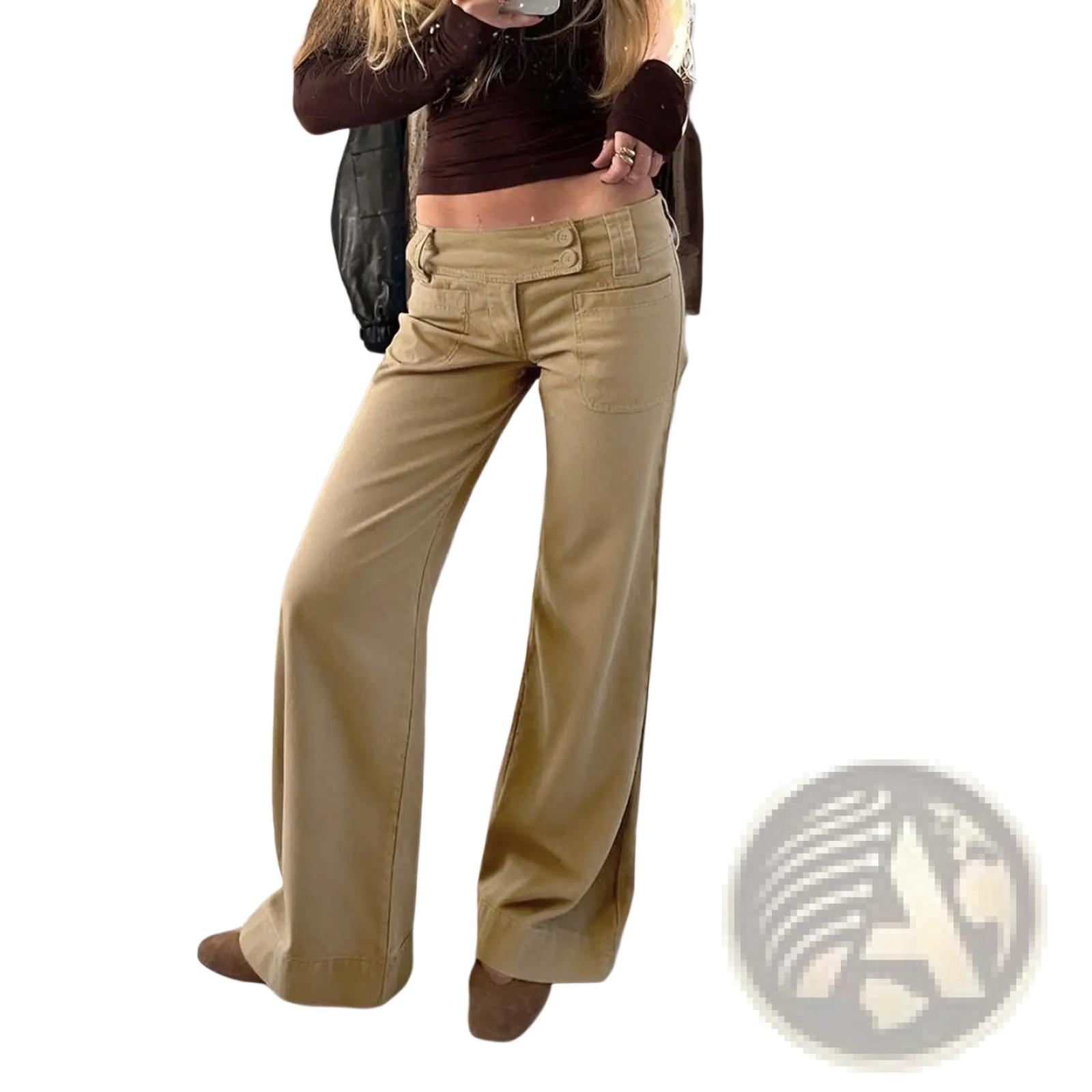 Tan low rise denim trousers with a relaxed fit front pockets and wide-leg flared design in cotton fabric