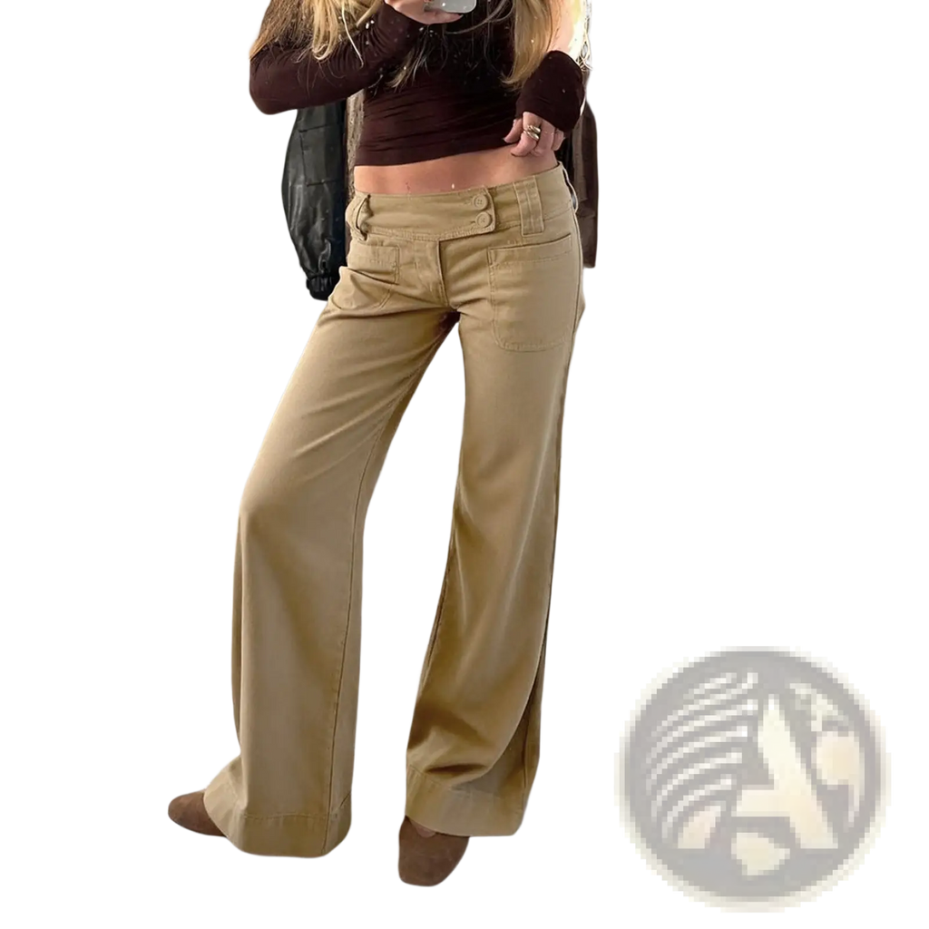 Tan low rise denim trousers with a relaxed fit front pockets and wide-leg flared design in cotton fabric