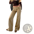 Tan low rise denim trousers with a relaxed fit front pockets and wide-leg flared design in cotton fabric