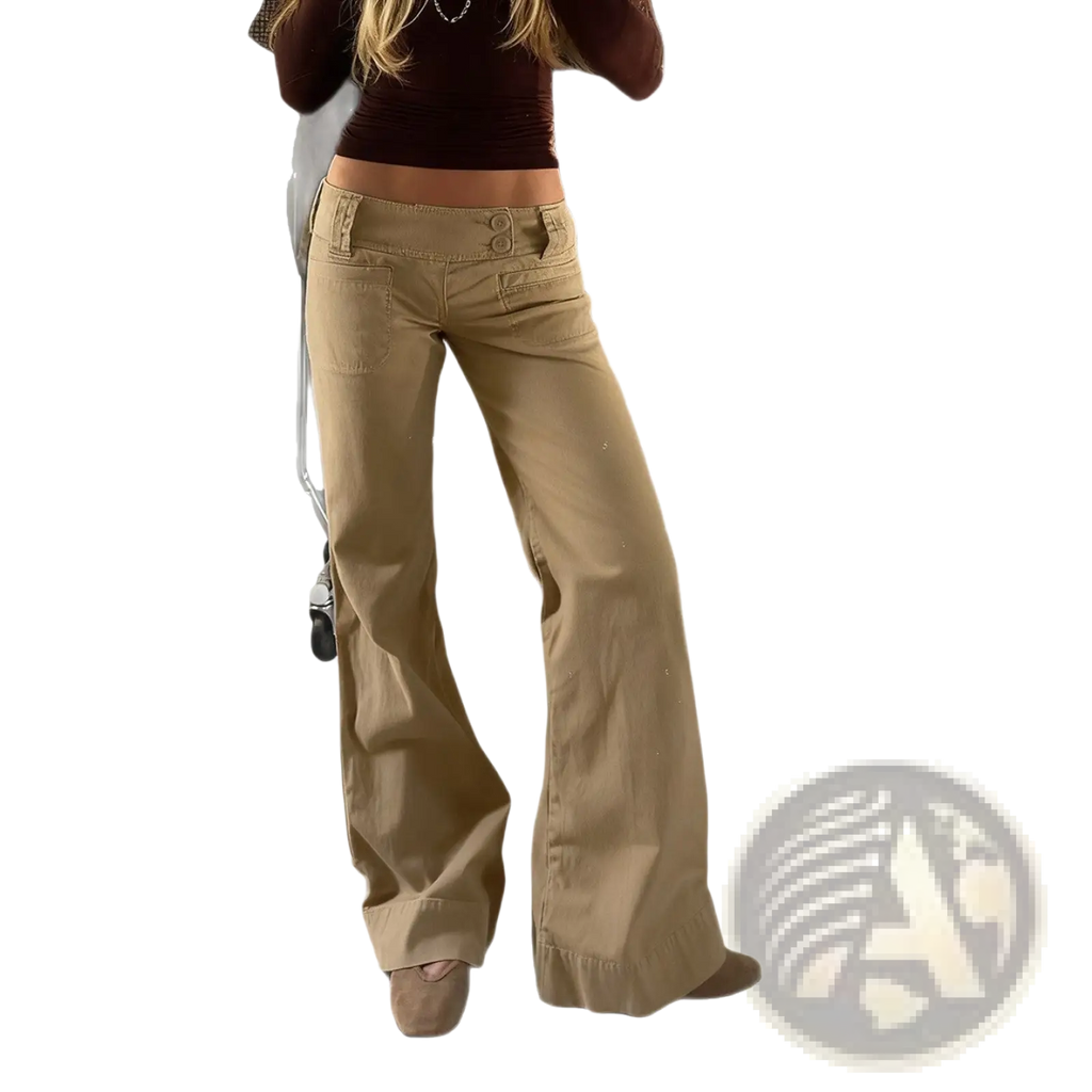 Beige wide-leg flared tan low rise denim trousers with a relaxed fit and buttoned waistband