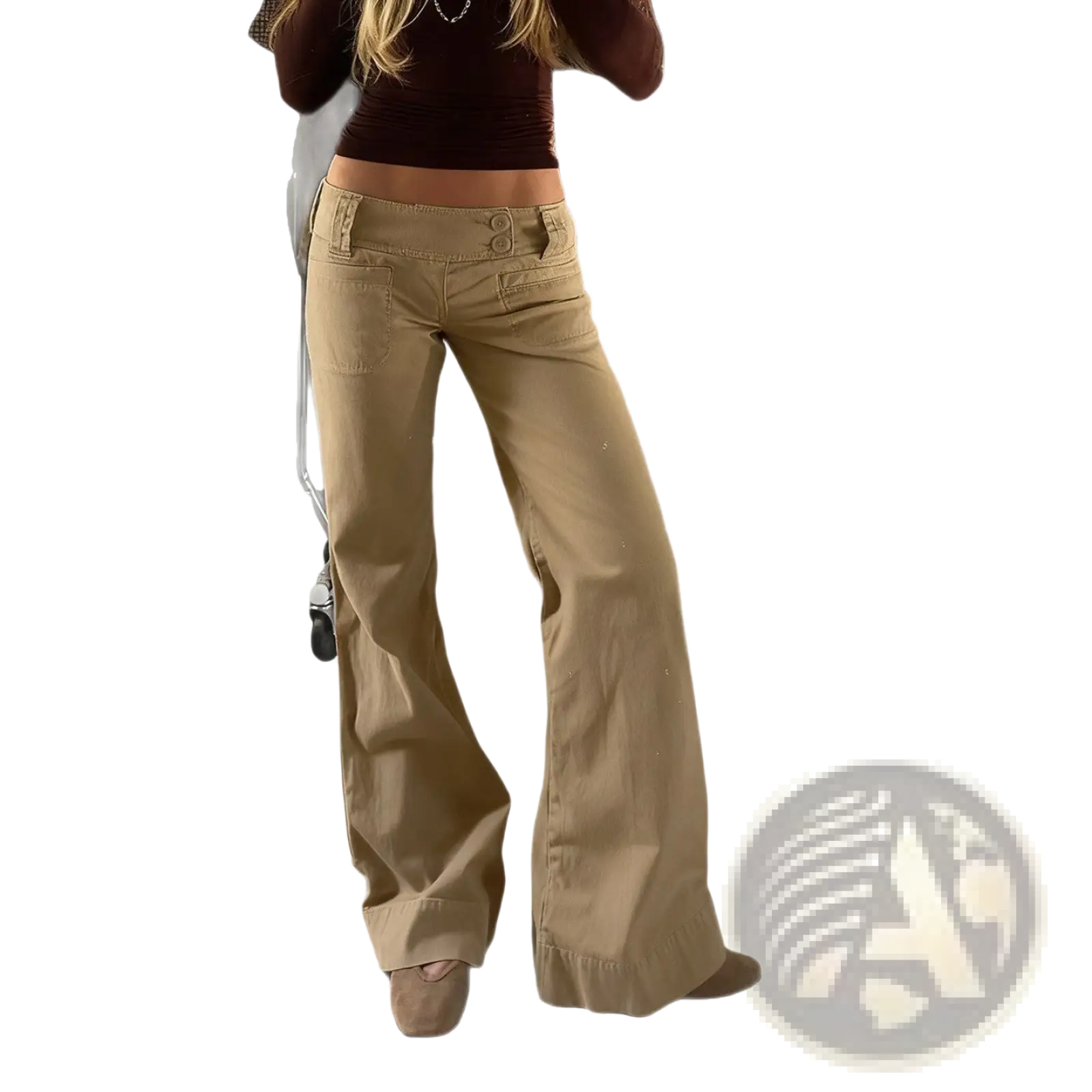 Beige wide-leg flared tan low rise denim trousers with a relaxed fit and buttoned waistband