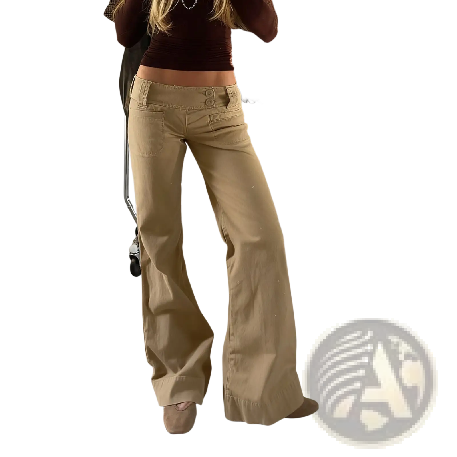 Beige wide-leg flared denim trousers with buttoned waistband and front pockets in tan low rise style