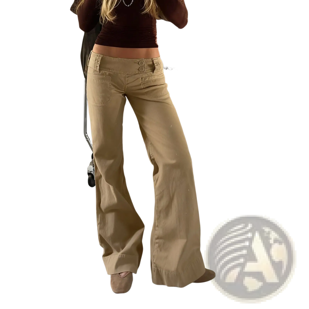 Beige wide-leg flared denim trousers with buttoned waistband and front pockets in tan low rise style