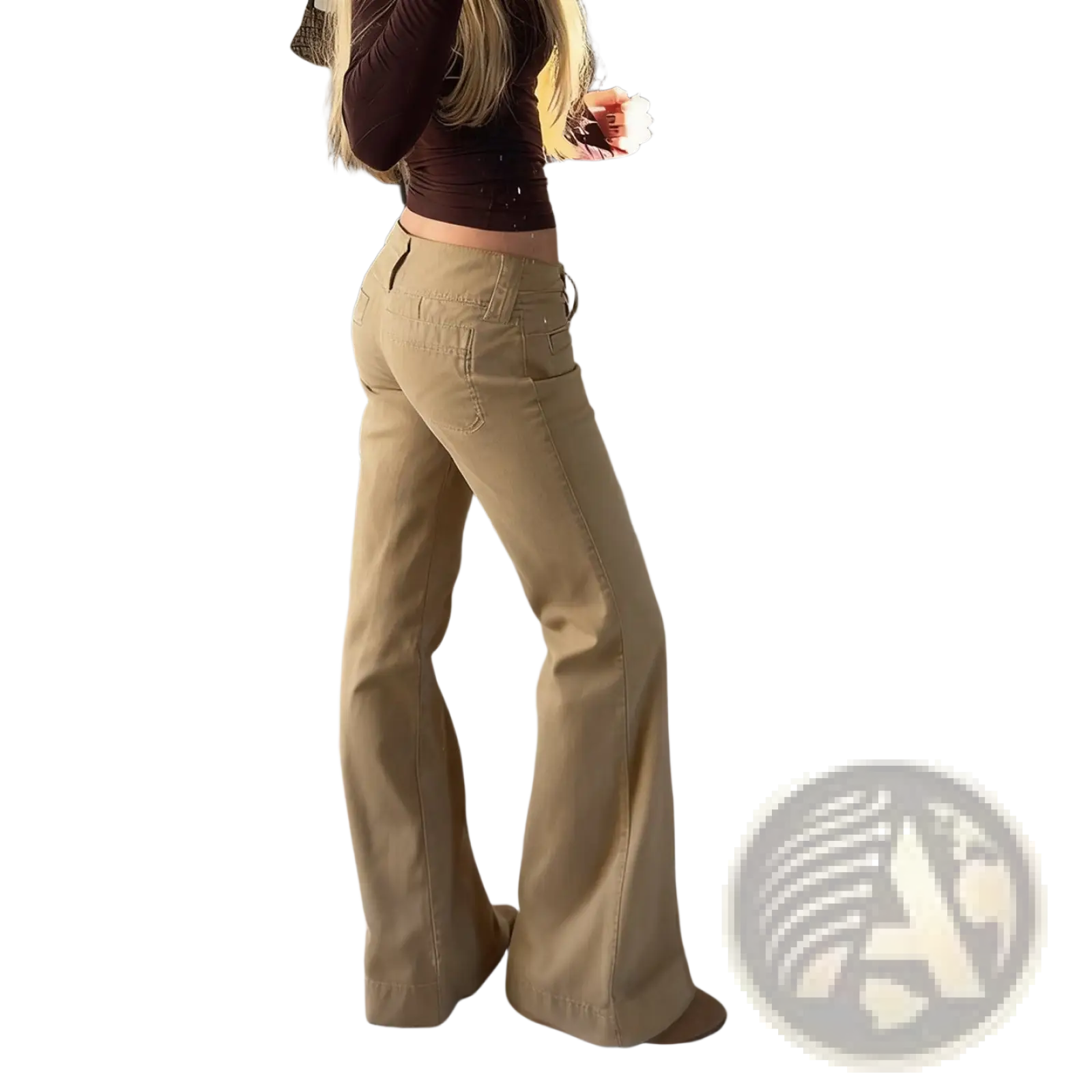 Flared tan low rise denim trousers made from denim material showcasing a stylish casual wear design