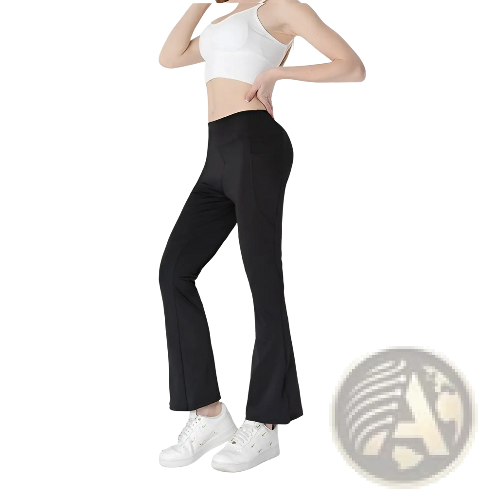 Black high-waisted flared yoga pants with smooth stretchy fabric and subtle side pockets for comfortable wear