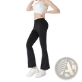 Black high-waisted flared yoga pants with smooth stretchy fabric and subtle side pockets for comfortable wear