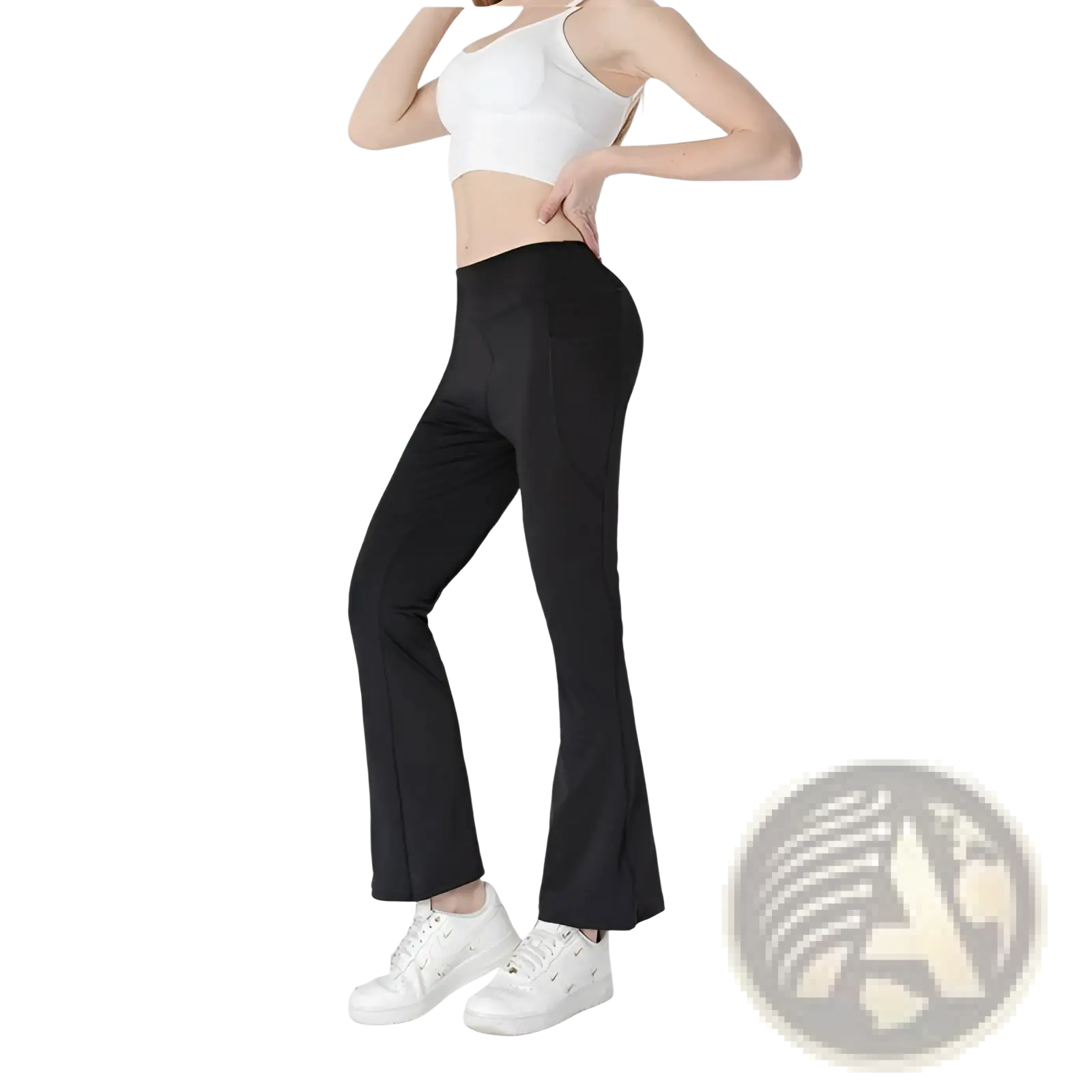 Black high-waisted flared yoga pants with smooth stretchy fabric and subtle side pockets for comfortable wear
