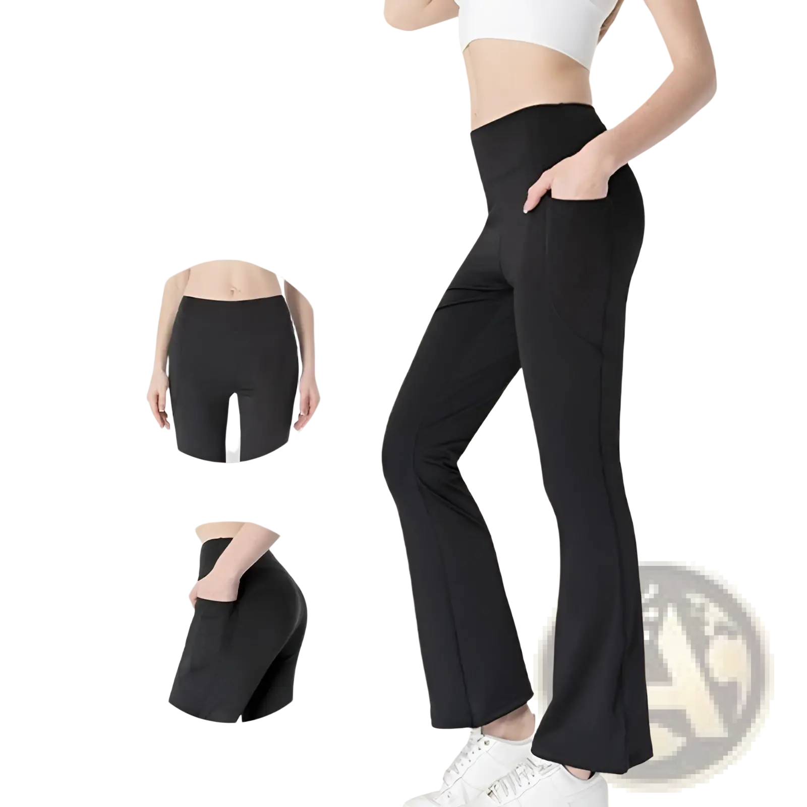 Black high waist flared yoga pants with pockets and sleek form-fitting design ideal for activewear and casual use