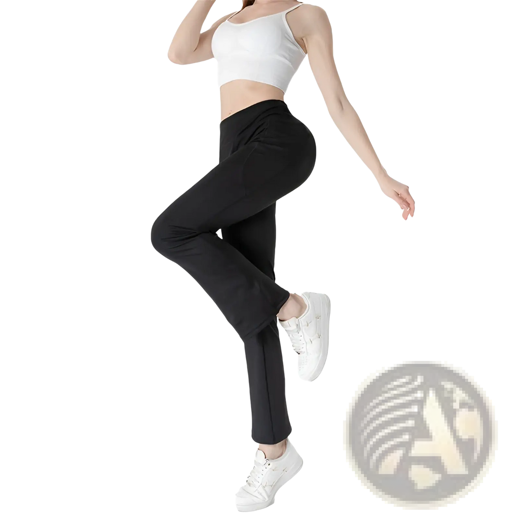 Flared yoga pants pocket bootcut trousers in black with high-waisted sleek design and subtle side pockets