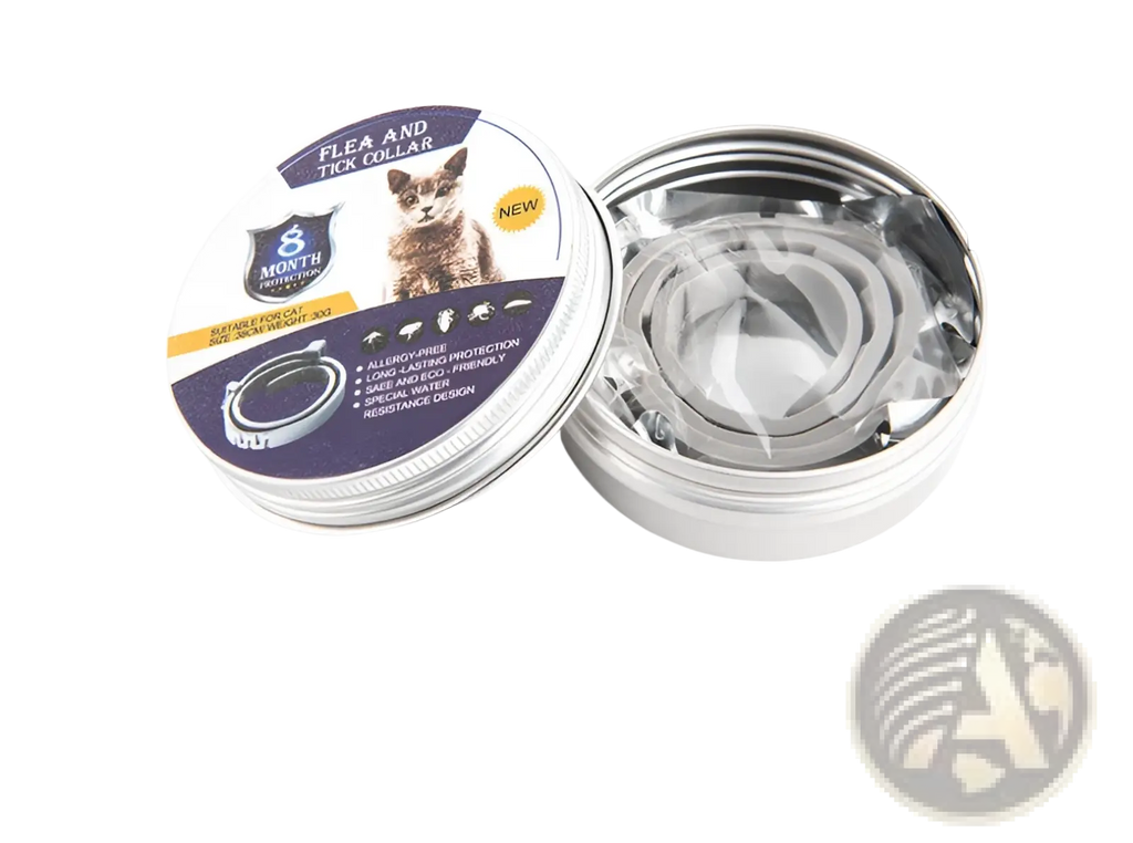 Silver-colored flea and tick collar for cats in a metal tin with purple label for eight months protection