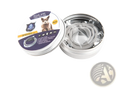 Silver-colored flea and tick collar for cats in a metal tin with purple label for eight months protection