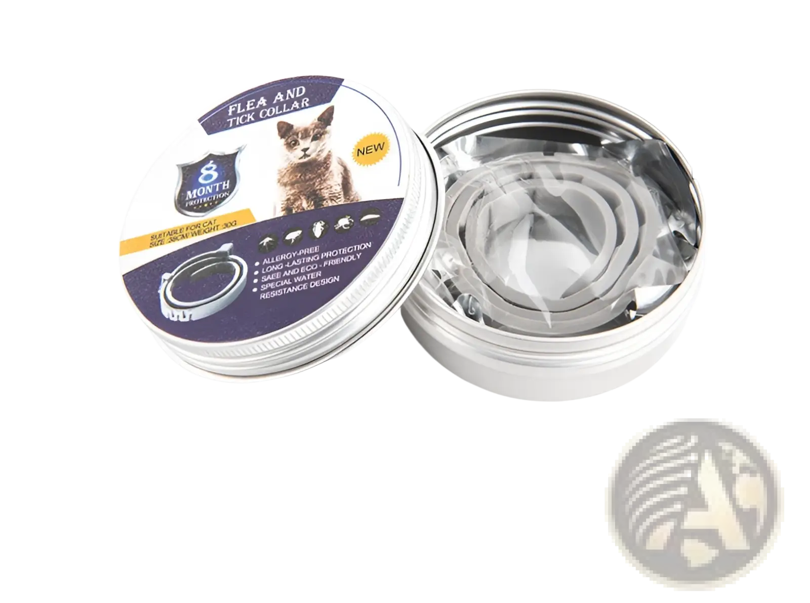 Silver-colored flea and tick collar for cats in a metal tin with purple label for eight months protection