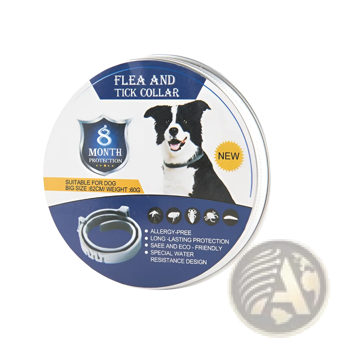 Blue and white circular package containing a flea and tick collar for dogs and cats with 8 months protection
