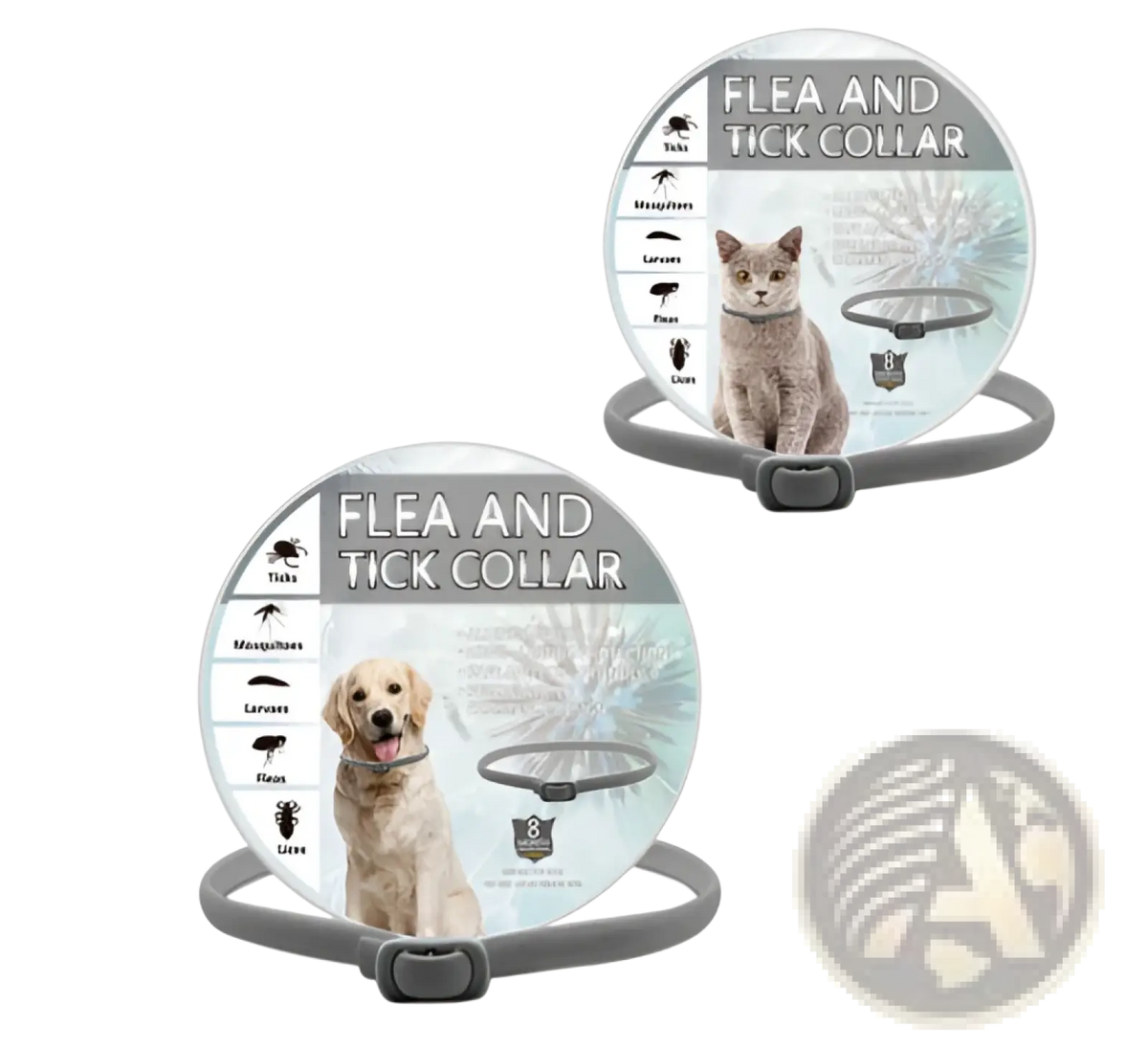Gray plastic flea and tick collar packaging with dogs cats and illustrated pests for 8 months protection
