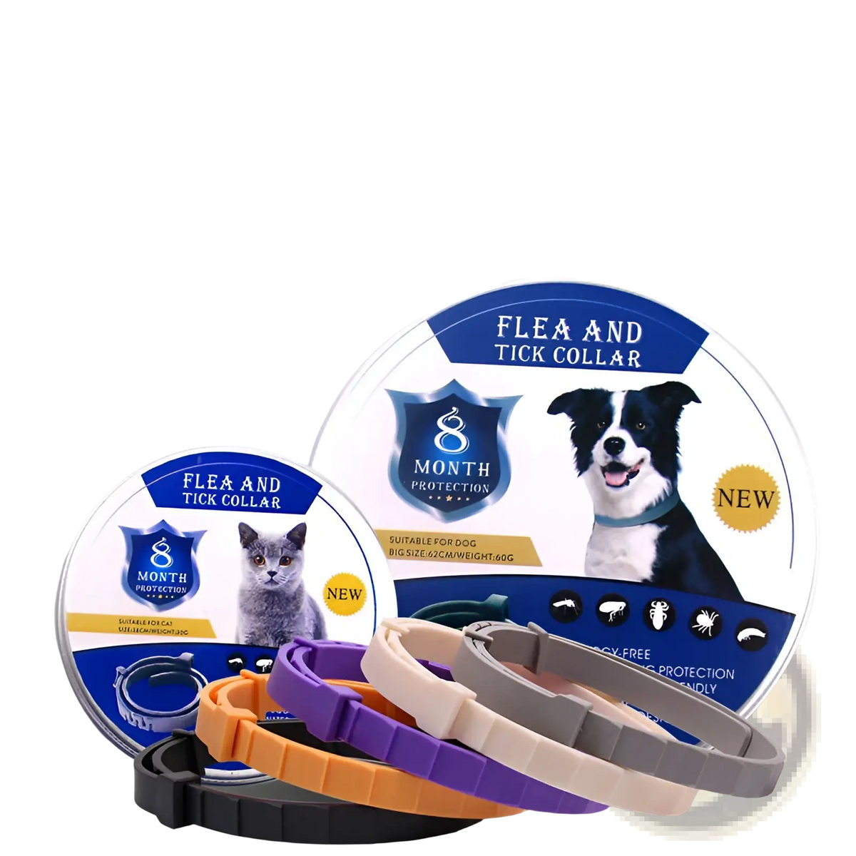 A set of colorful flexible plastic flea and tick collars for dogs and cats with 8 months protection