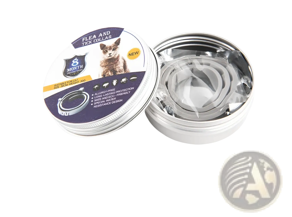 Silver tin container holding a coiled flea and tick collar for cats providing 8 months protection