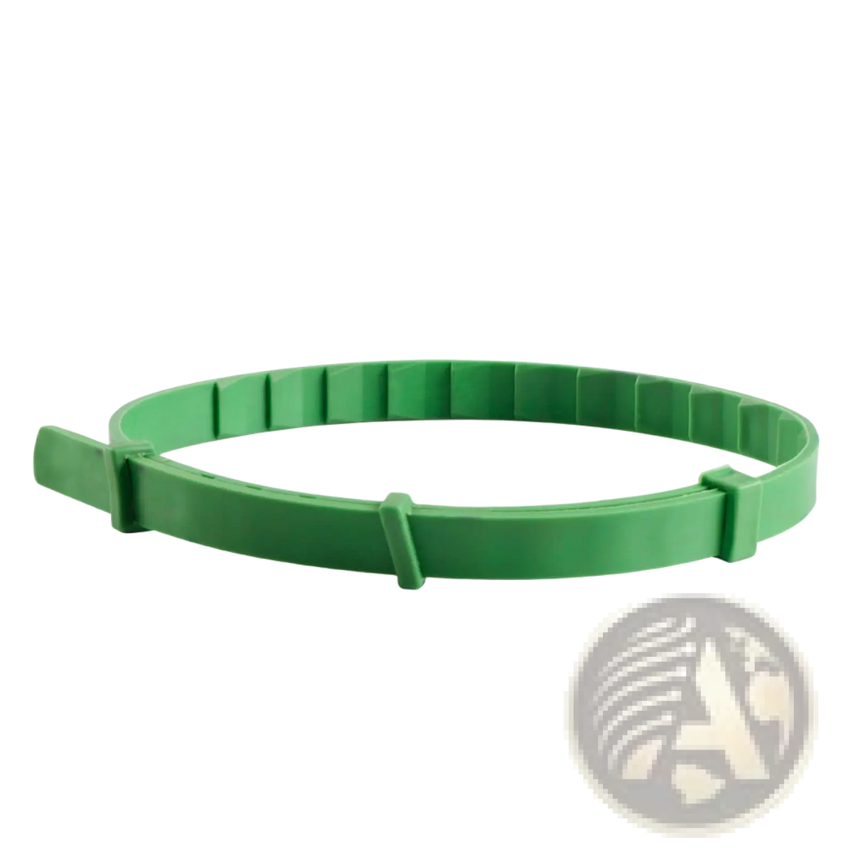 Green plastic flea and tick collar for dogs and cats with ribbed texture and adjustable clasp for 8 months protection
