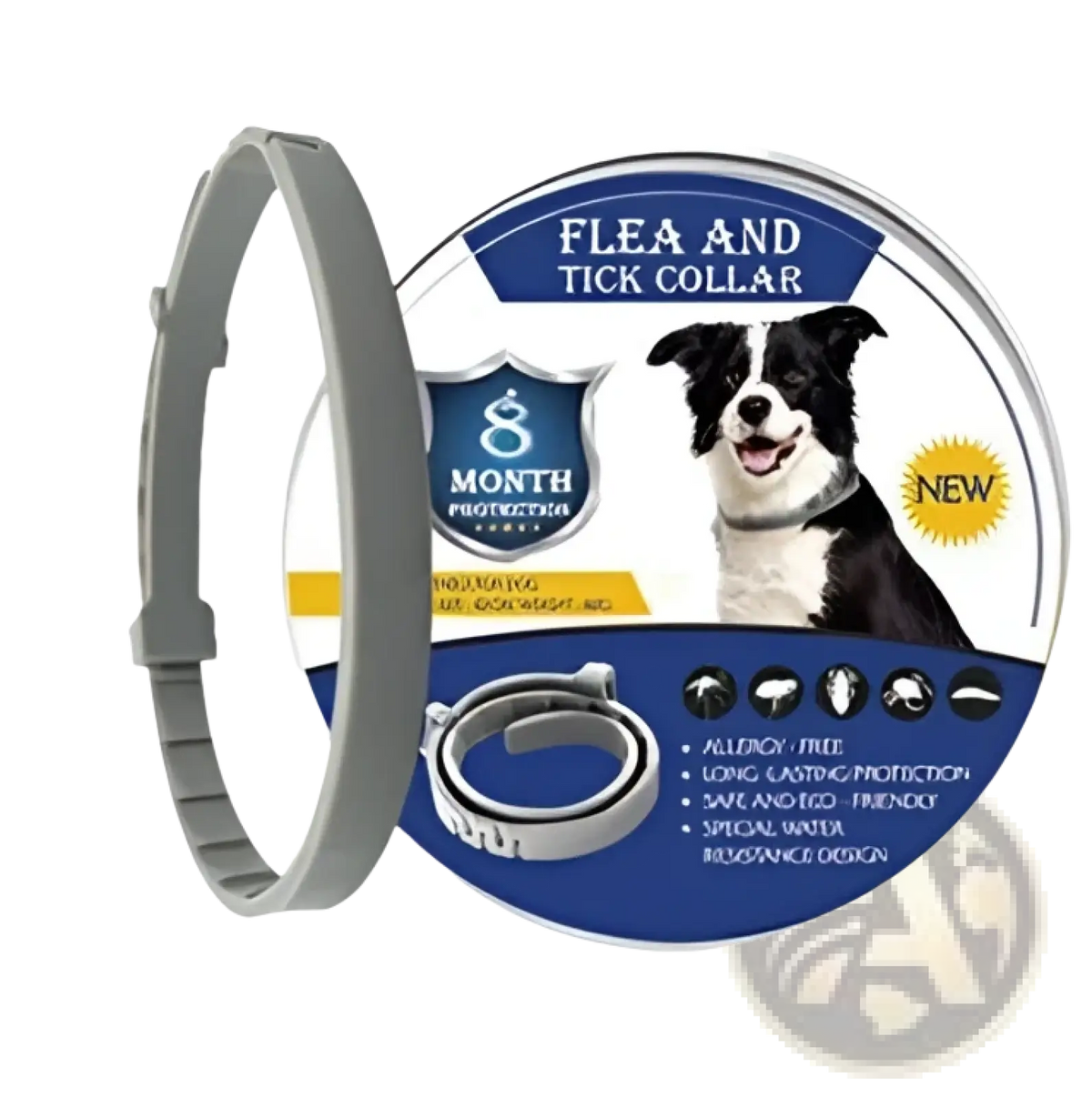 Gray plastic flea and tick collar with silver metal clasp providing 8 months protection for dogs and cats