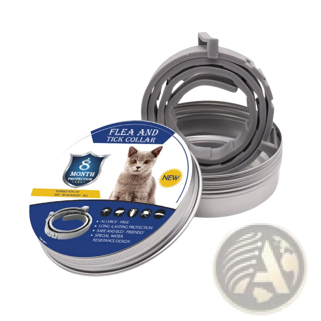 Gray plastic flea and tick collar for cats and dogs providing 8 months of protection against pests
