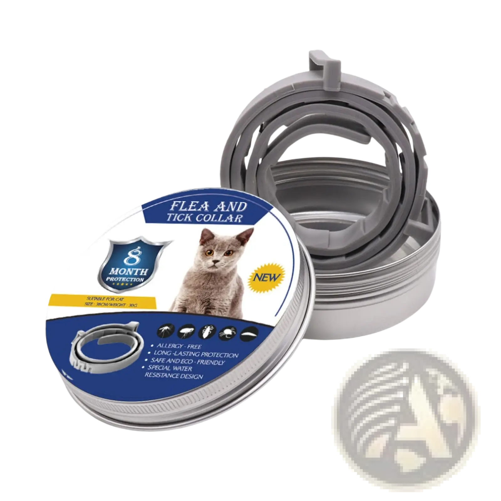 Gray plastic flea and tick collar for cats and dogs providing 8 months of protection against pests
