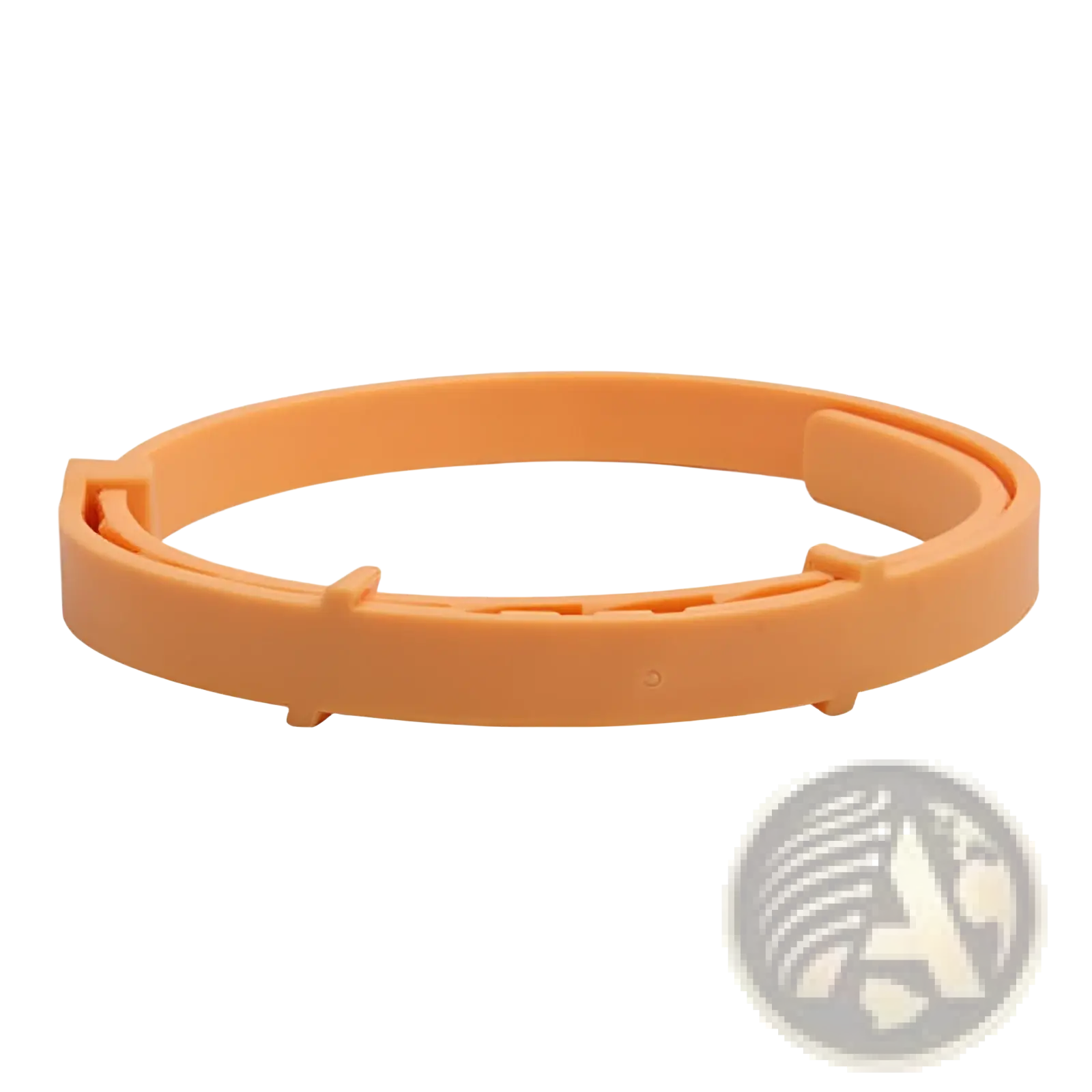 Orange plastic flea and tick collar for dogs and cats providing 8 months protection shown from the back side