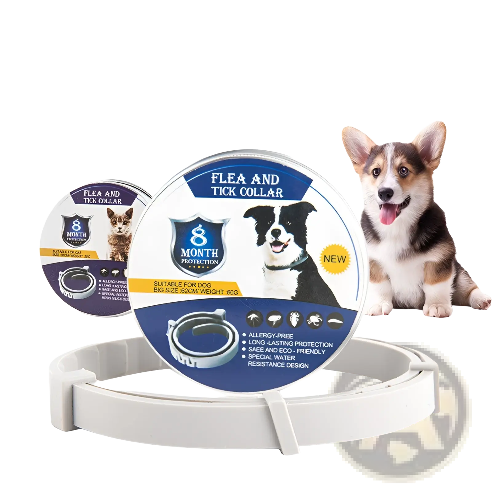 White plastic flea and tick collar dispenser with blue label showing 8 months protection for dogs and cats