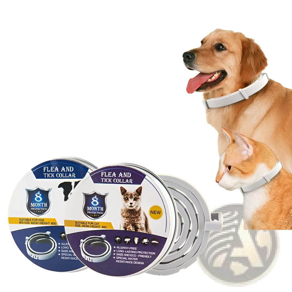 White plastic flea and tick collar for dogs and cats with 8 months protection label visible on the back side