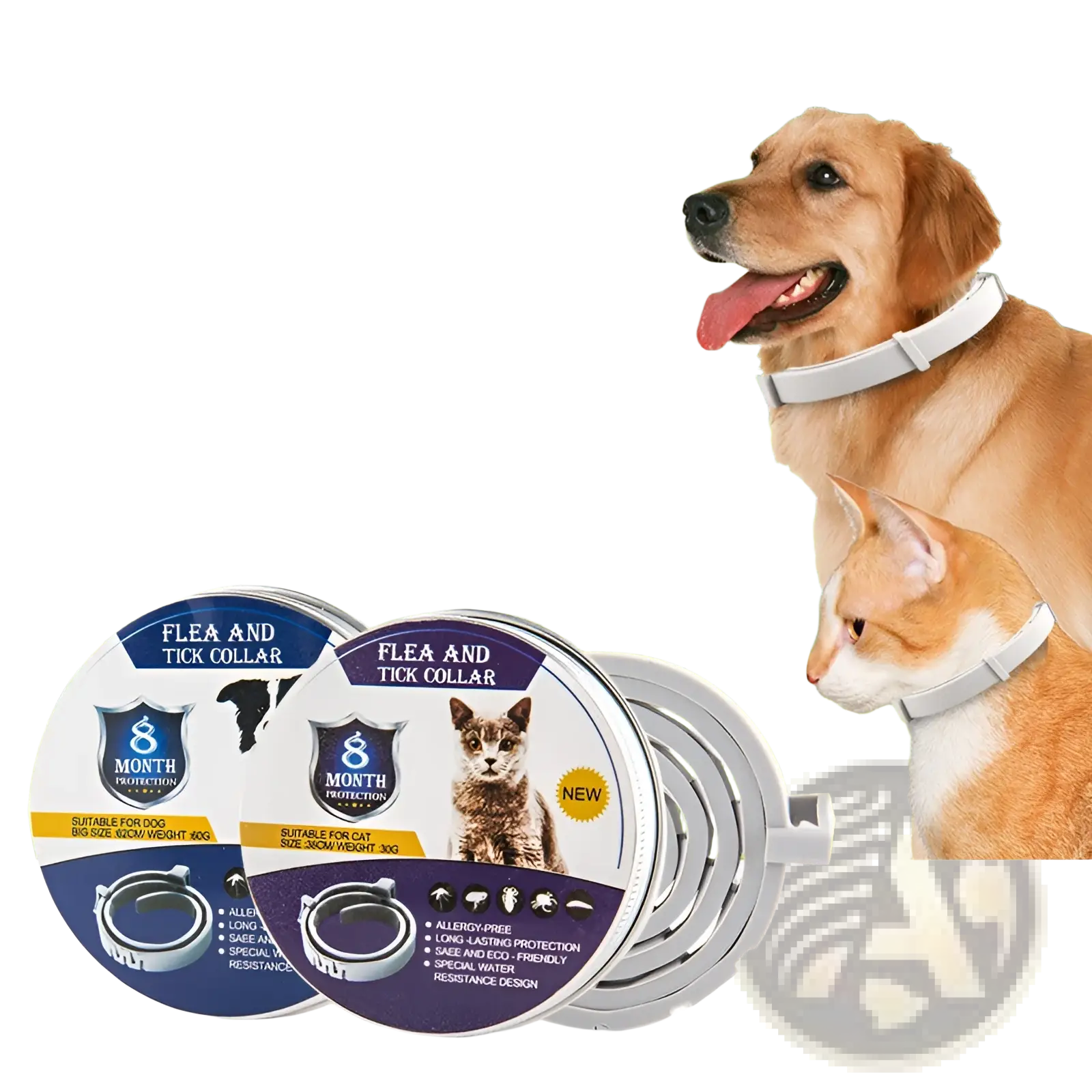 White plastic flea and tick collar for dogs and cats with 8 months protection label visible on the back side