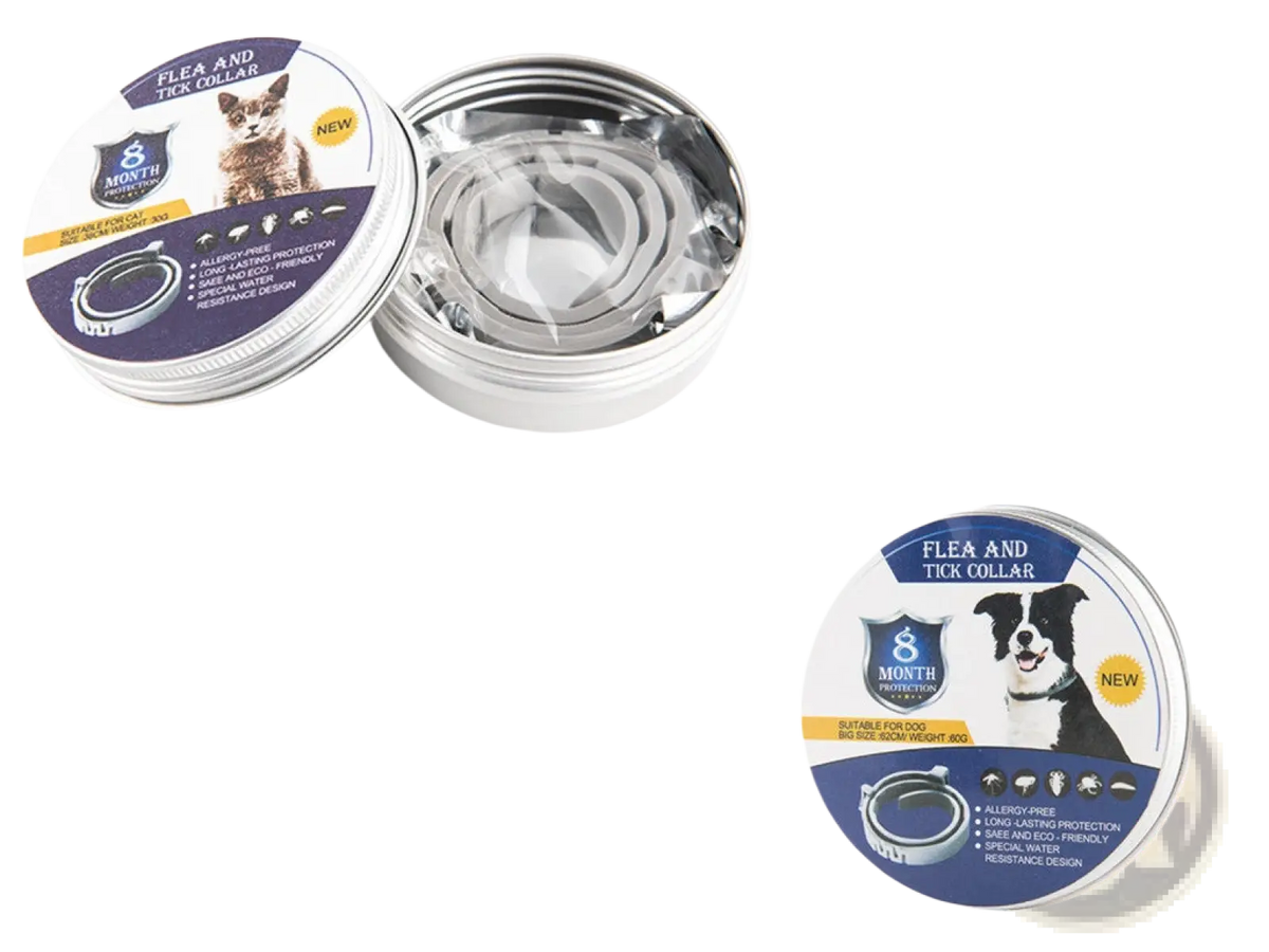 Silver metallic flea and tick collar for dogs and cats in a round tin container with 8 months protection