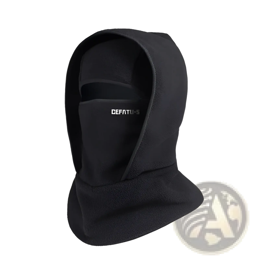 Black fleece balaclava with hood and face opening featuring cefatu-s logo embroidered on the lower front