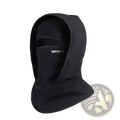 Black fleece balaclava with hood and face opening featuring cefatu-s logo embroidered on the lower front