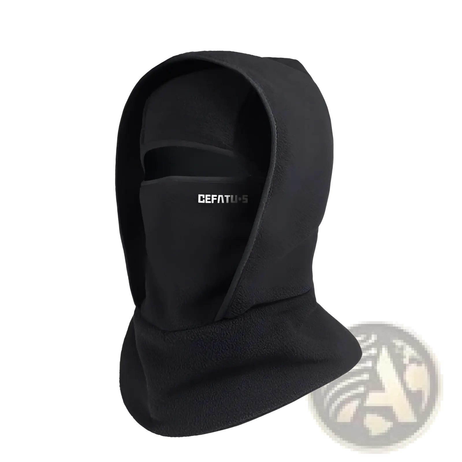 Black fleece balaclava with hood and face opening featuring cefatu-s logo embroidered on the lower front