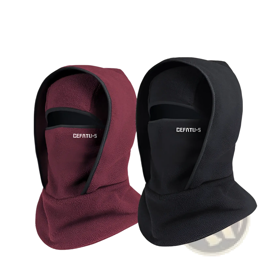 Fleece balaclava winter hat scarf set in maroon and black one-piece pullover design with face covering fleece material