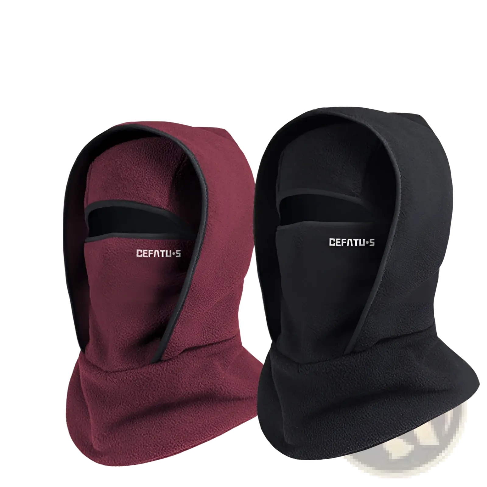 Fleece balaclava winter hat scarf set in maroon and black one-piece pullover design with face covering fleece material