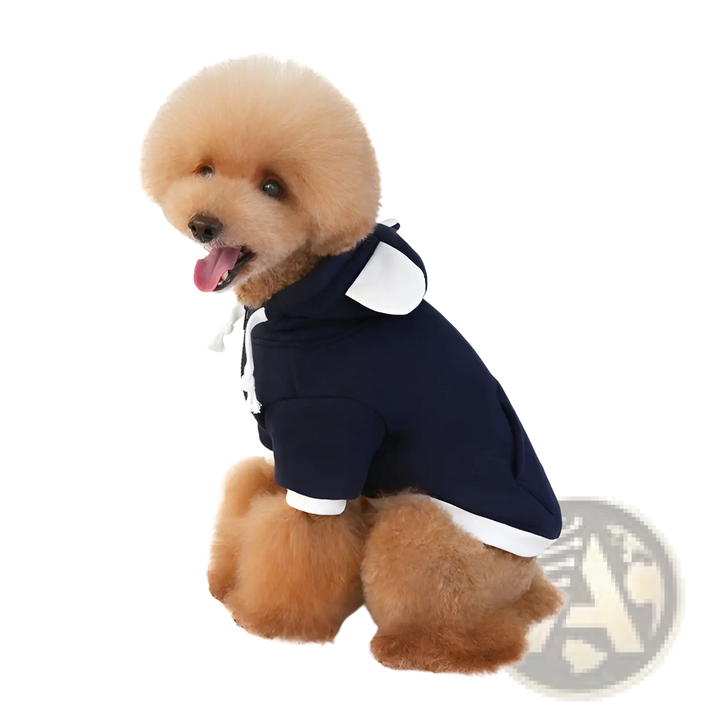 Navy blue and white fleece dog hoodie with bear ears and plush poodle fur for warmth and comfort