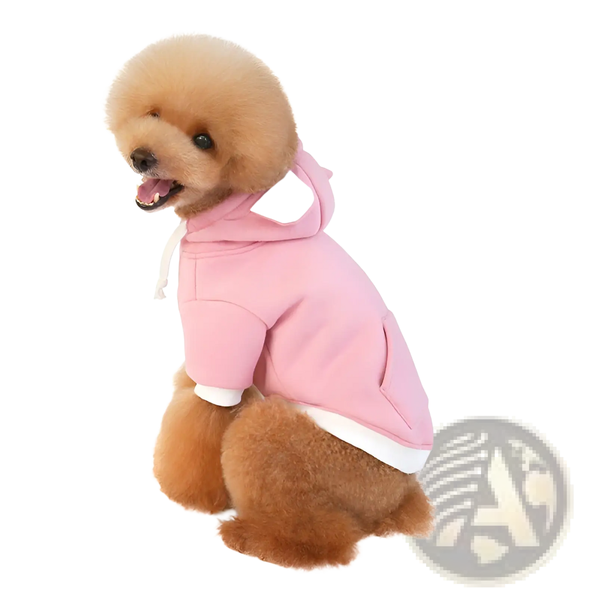 Pink fleece dog hoodie with white trim and bear ears on hood designed as a warm pet sweater for small dogs