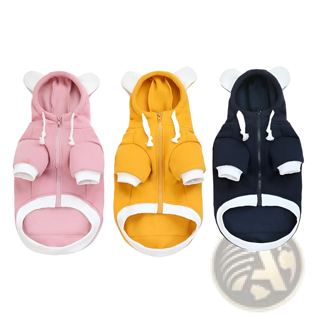 Three soft fleece dog hoodies with bear ears in pink yellow and navy blue featuring white trim for warmth