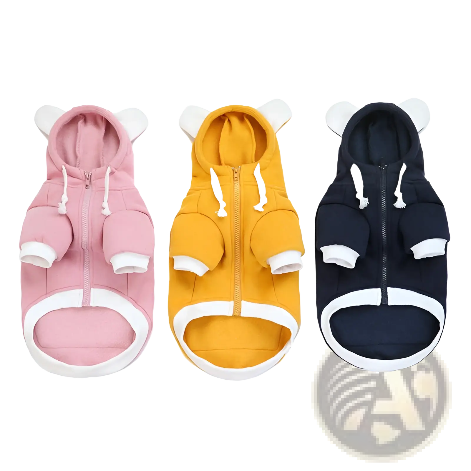 Three soft fleece dog hoodies with bear ears in pink yellow and navy blue featuring white trim for warmth