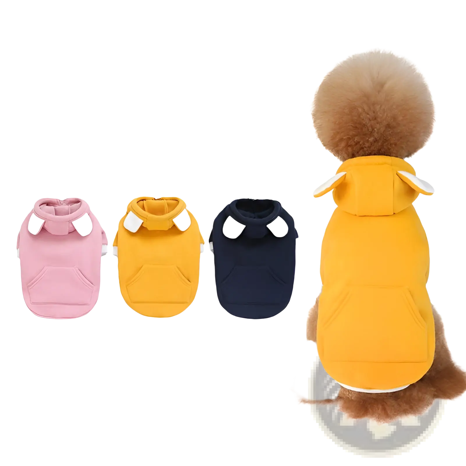 Yellow fleece dog hoodie with bear ears and white ear accents designed as a warm pet sweater