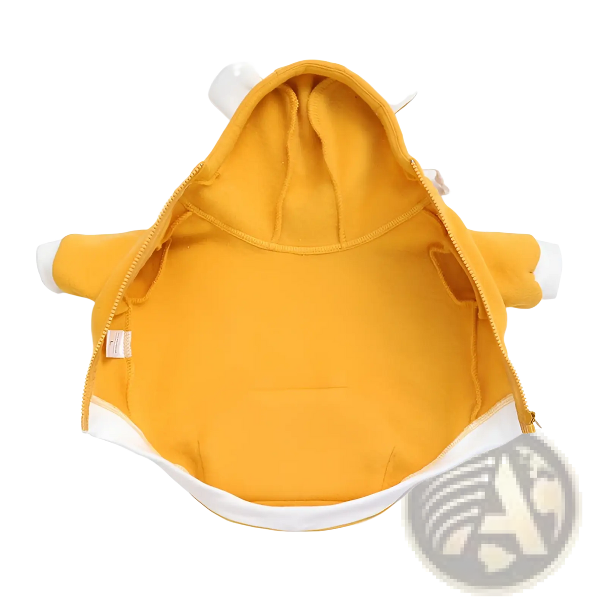 Yellow fleece dog hoodie with white trim and bear ear details on the shoulders for warmth and comfort