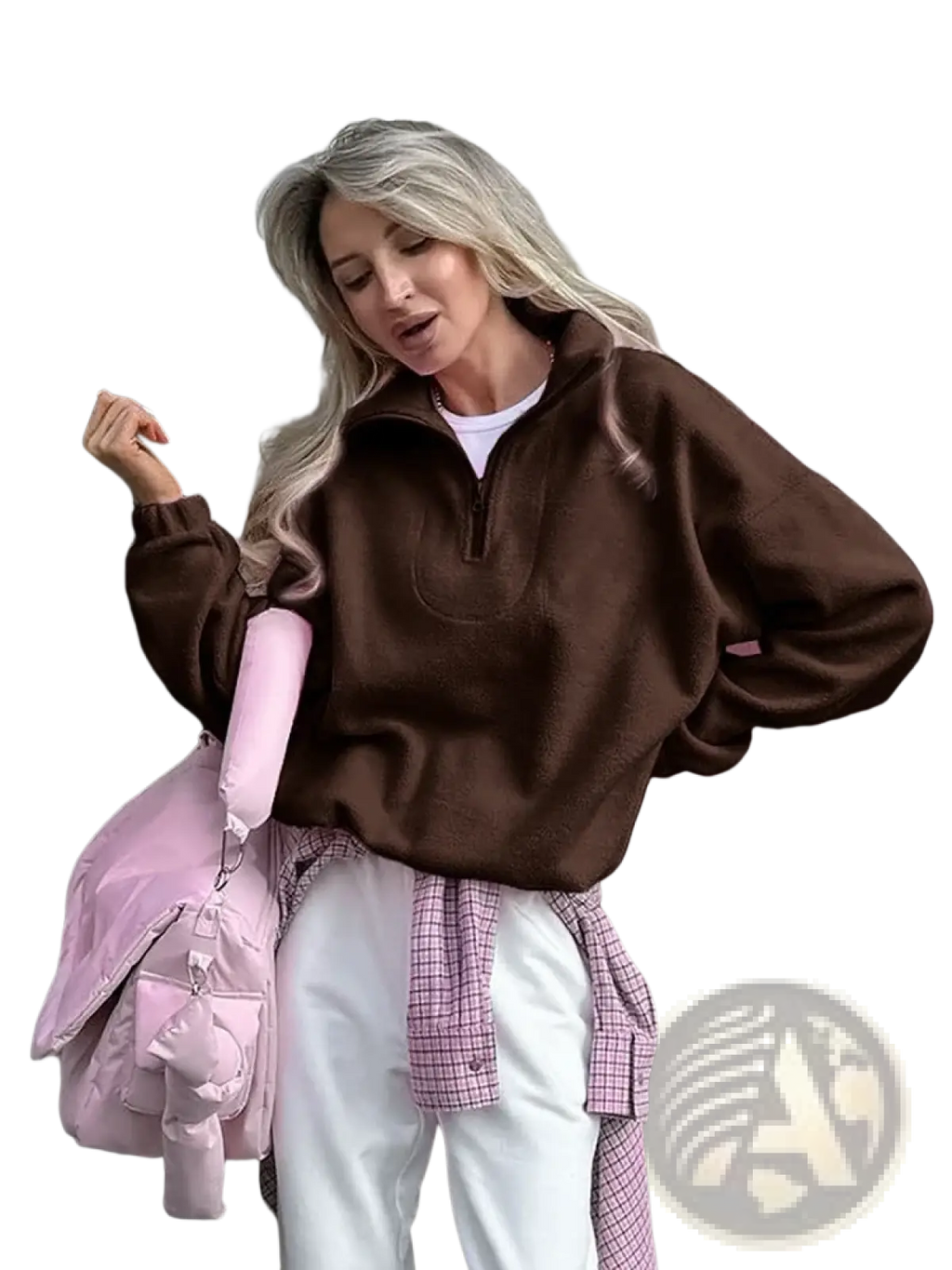 Brown fleece half zip sweatshirt with soft plush texture and relaxed fit casual pullover front view