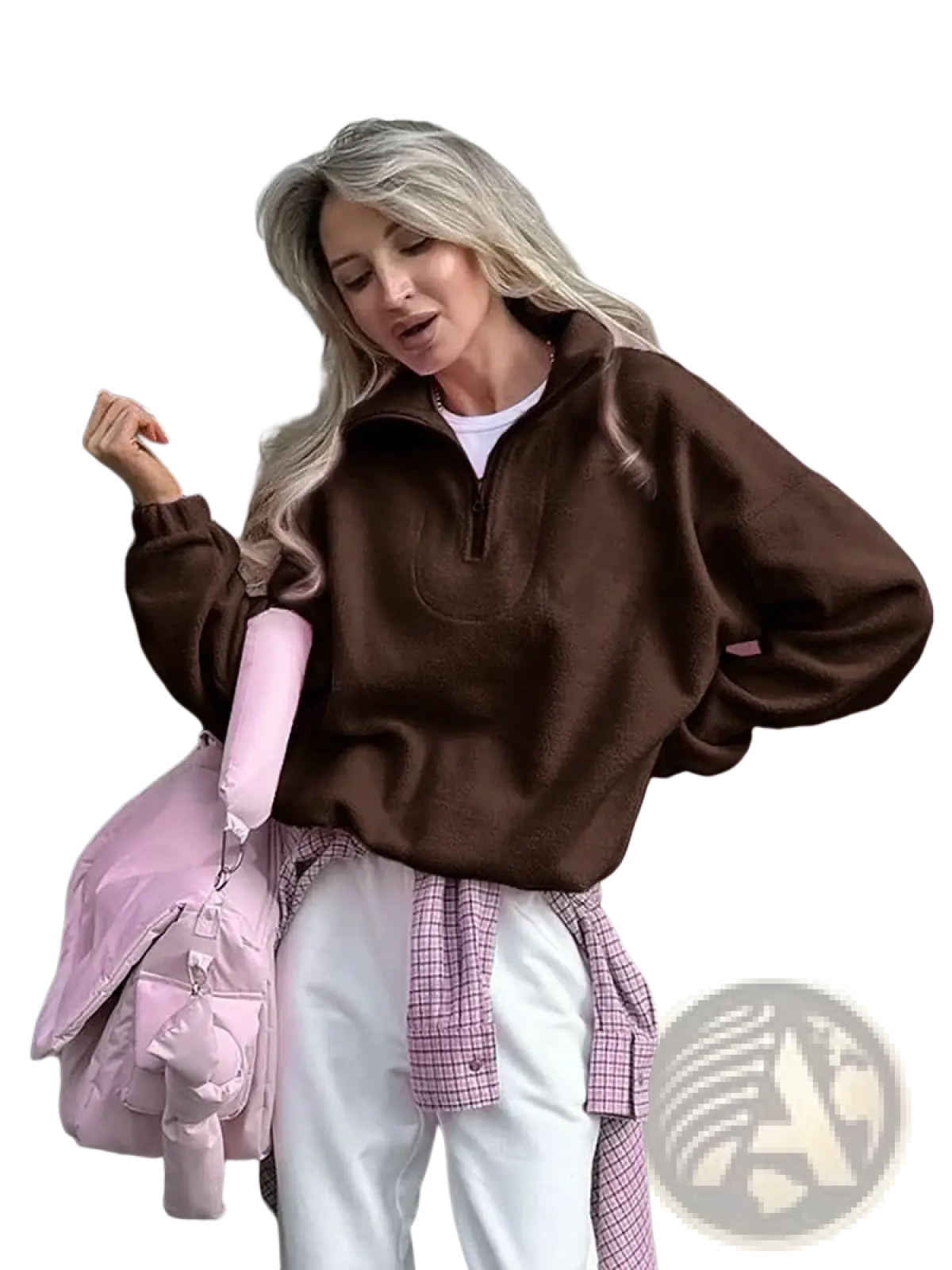 Brown fleece half zip sweatshirt with soft plush texture and relaxed fit casual pullover front view