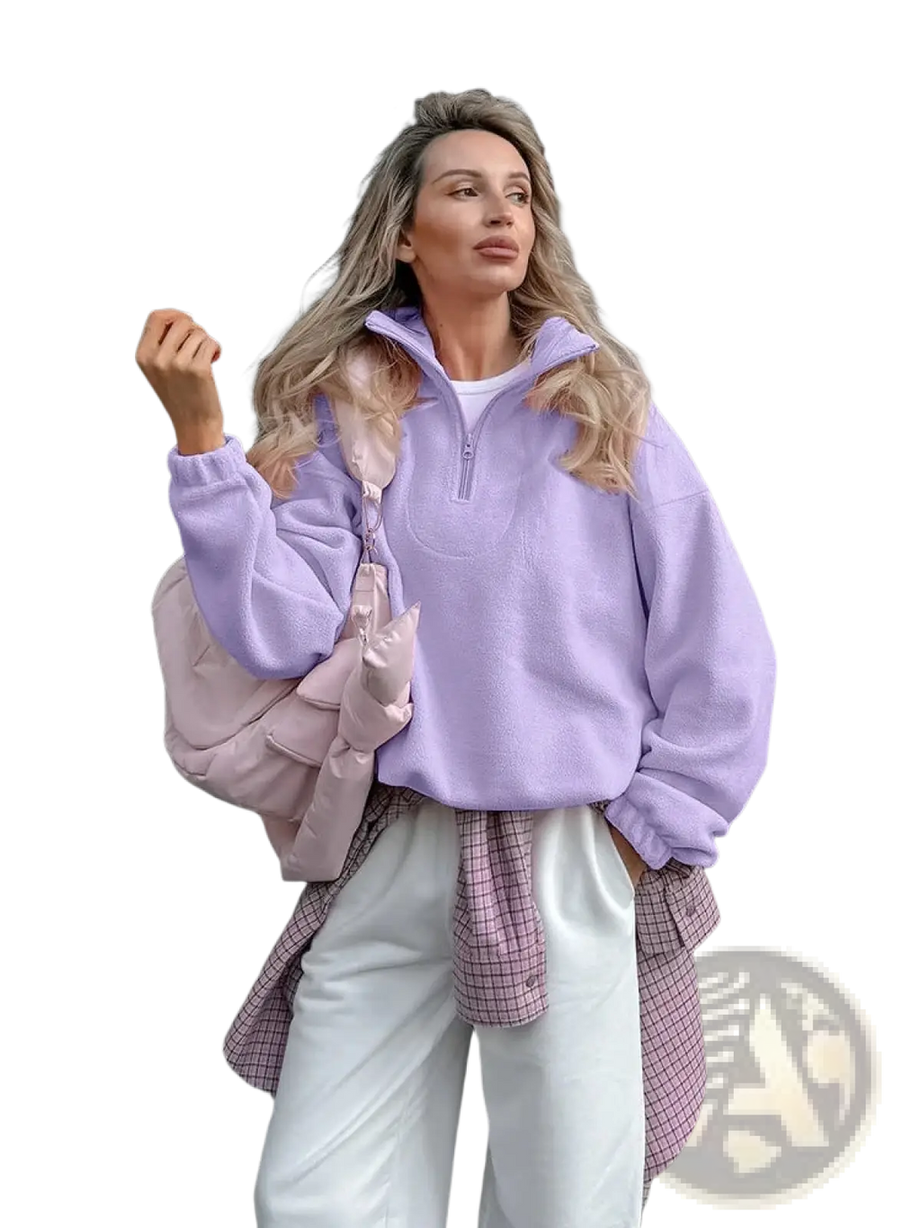 Lavender fleece half zip sweatshirt with soft plush texture and ribbed cuffs casual loose pullover design