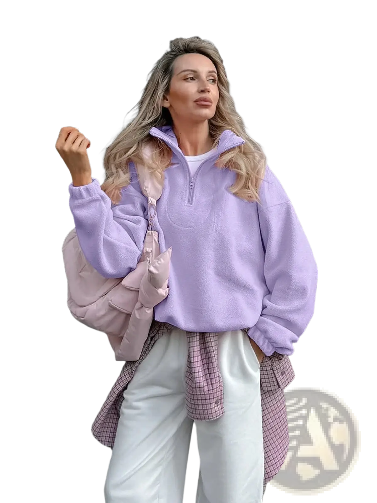 Lavender fleece half zip sweatshirt with soft plush texture and ribbed cuffs casual loose pullover design
