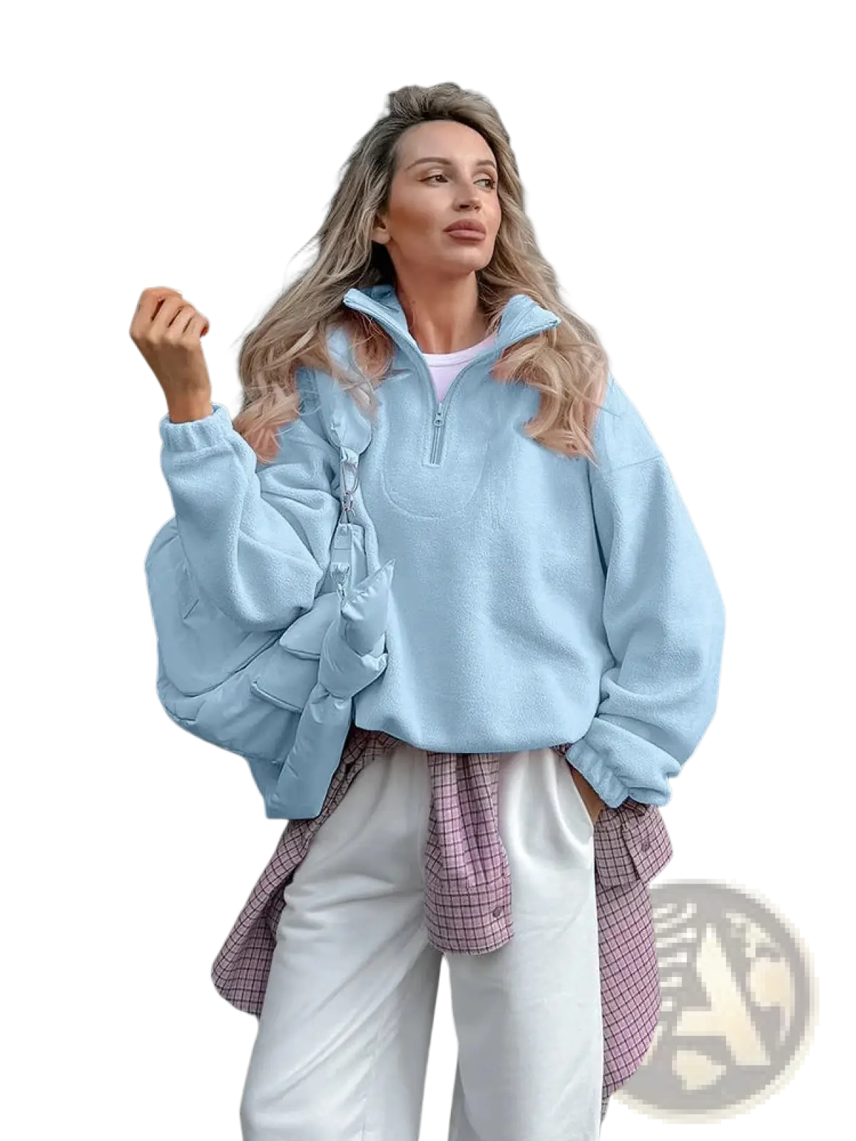 Light blue oversized fleece half zip sweatshirt with puffed sleeves and front pockets for casual wear