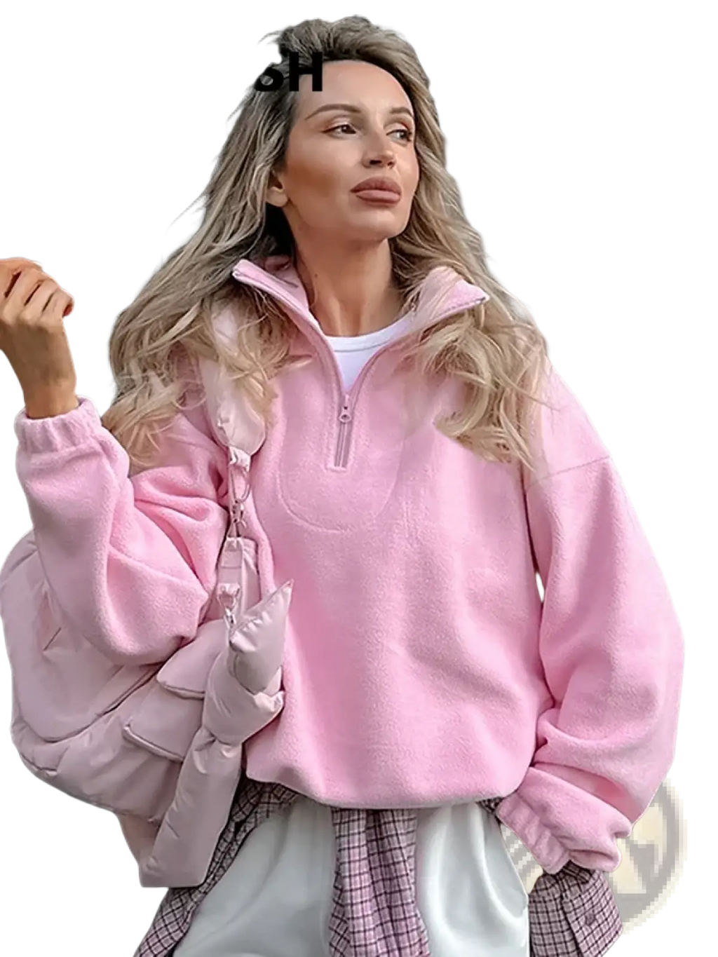 Pink fleece half zip sweatshirt with soft plush texture and ribbed cuffs for loose casual wear