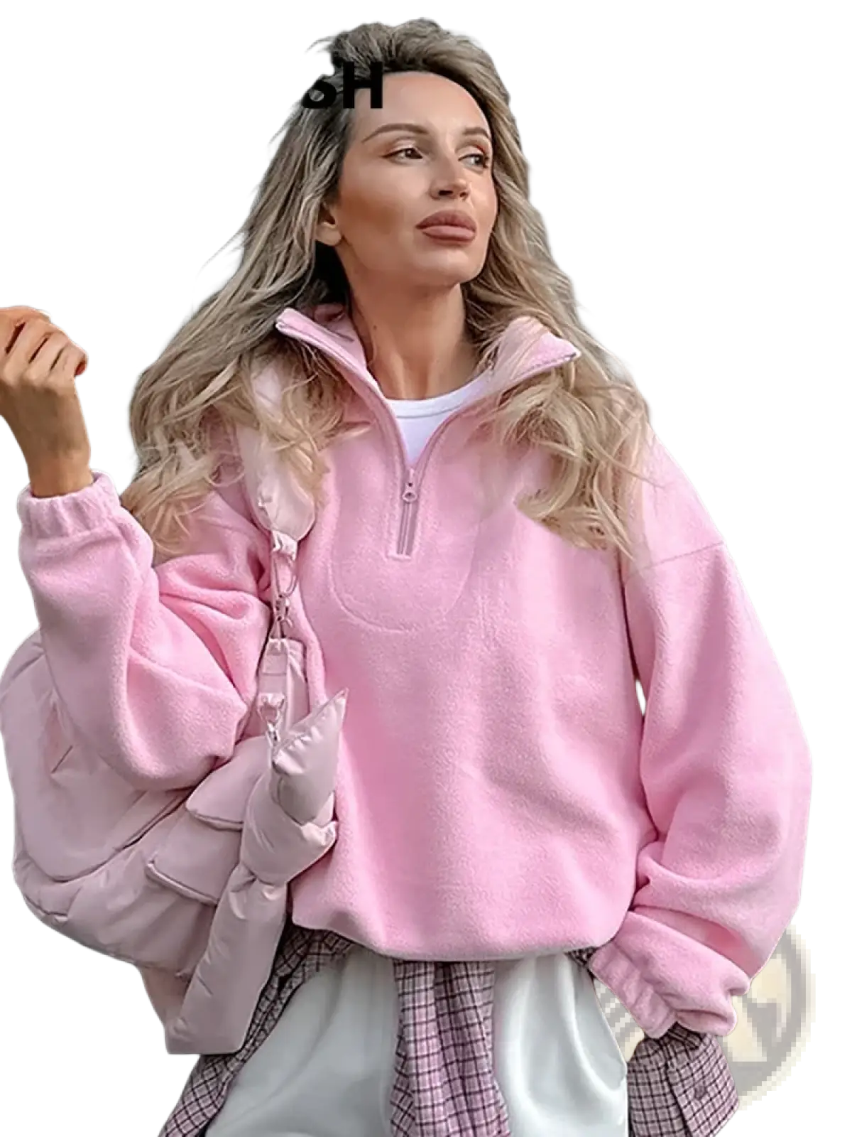 Pink fleece half zip sweatshirt with soft plush texture and ribbed cuffs for loose casual wear